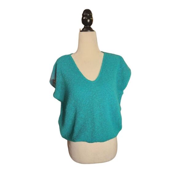 Teal 60s 70s Vintage Knit Top Sweater Short Sleeve Pastel - Picture 1 of 7